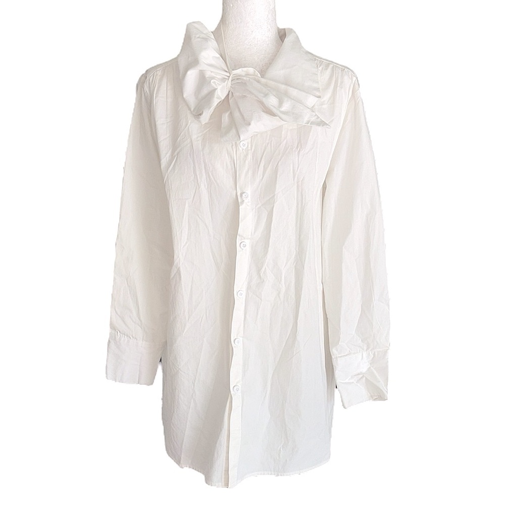 FHQ Collection White Poplin Bow Tie Neck Button Down Tunic Mini Shirt Dress - M